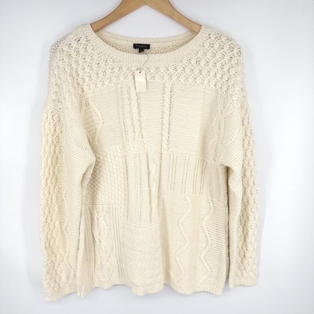 NEW Talbots Chunky Knit Sweater Women XL Cream Cotton Pullover Cottage Fisherman